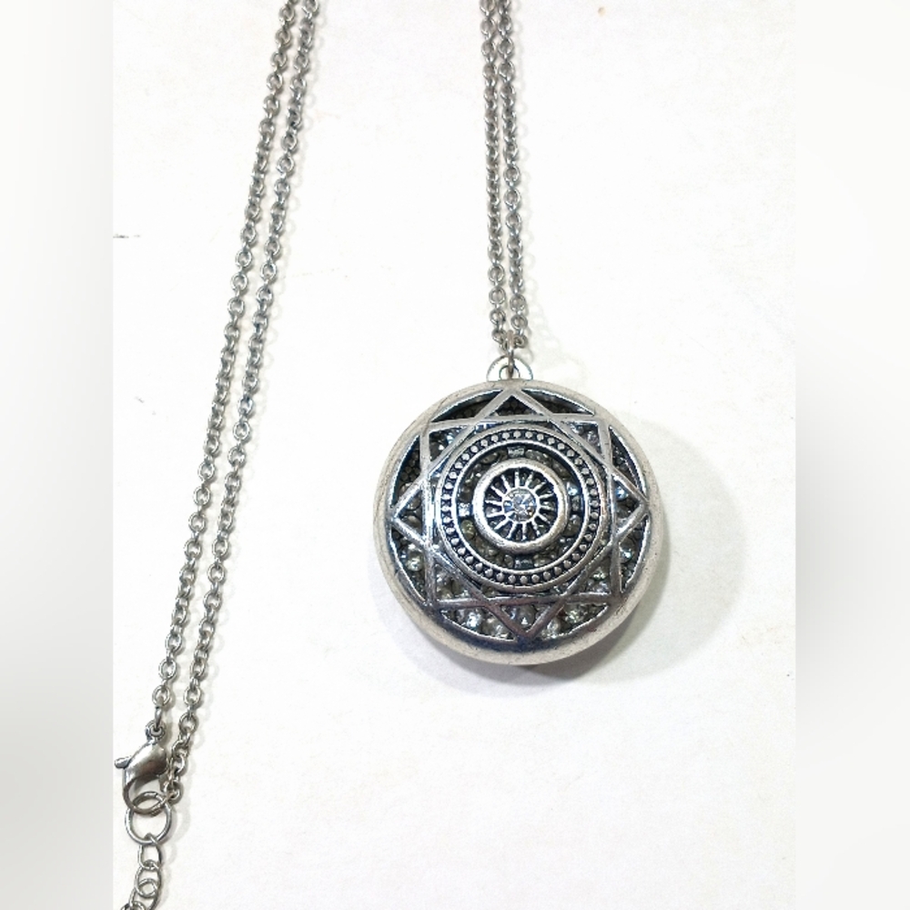 Vintage Third Eye Hollow Locket Pendant Necklace with Rhinestone Accents Silver